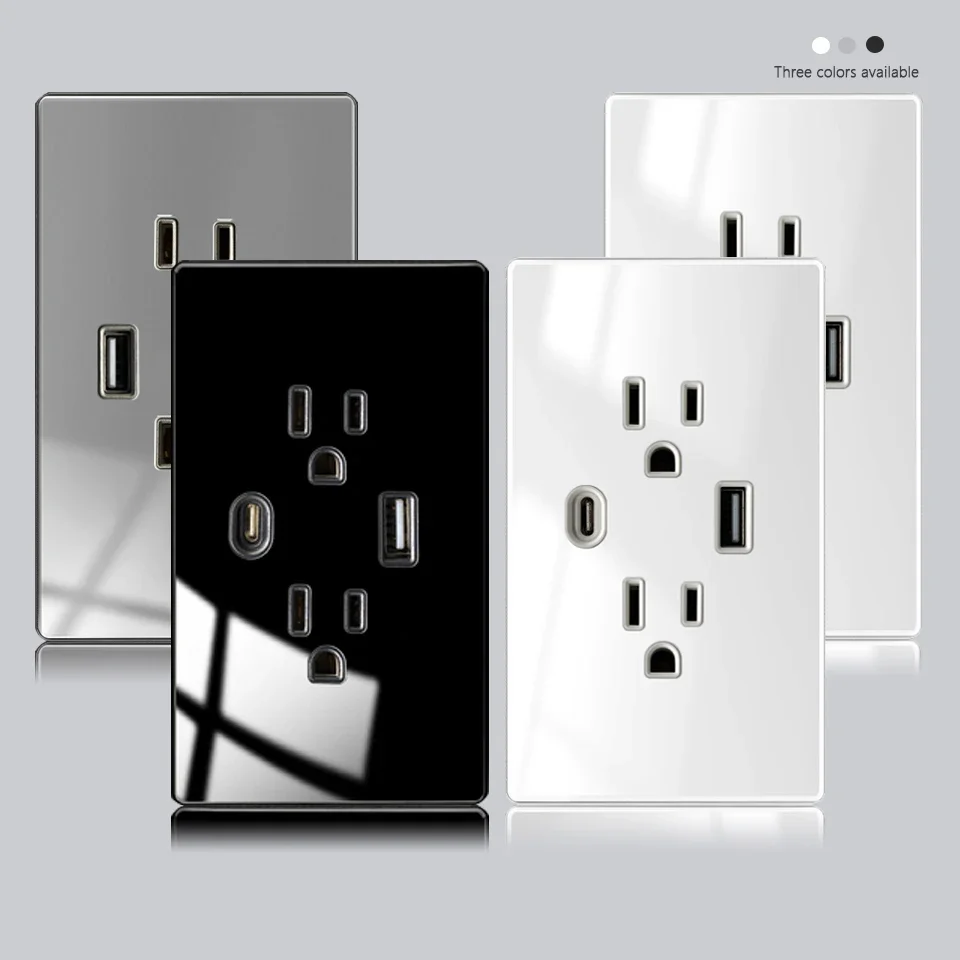 Tomada Usb tipo c Padrão dos Eua México Tomada de Carregamento Rápido 20w Painel de Vidro Temperado Tomada Usb Dupla Preto Americano Branco e Cinza