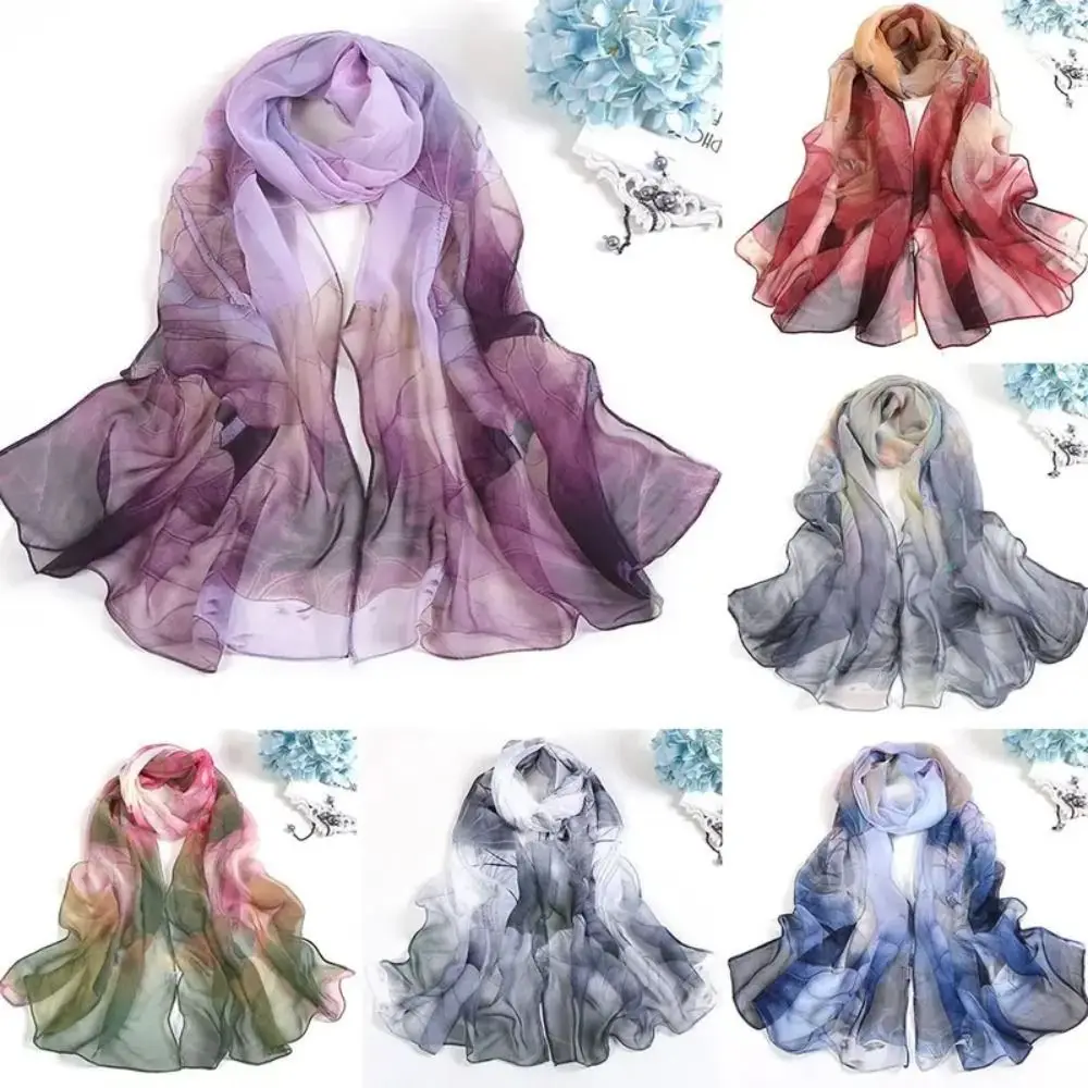 Fashion Floral Printing Silk Scarf Lotus Leaf Breathable Women Foulard Smooth Sunscreen Hijab Women
