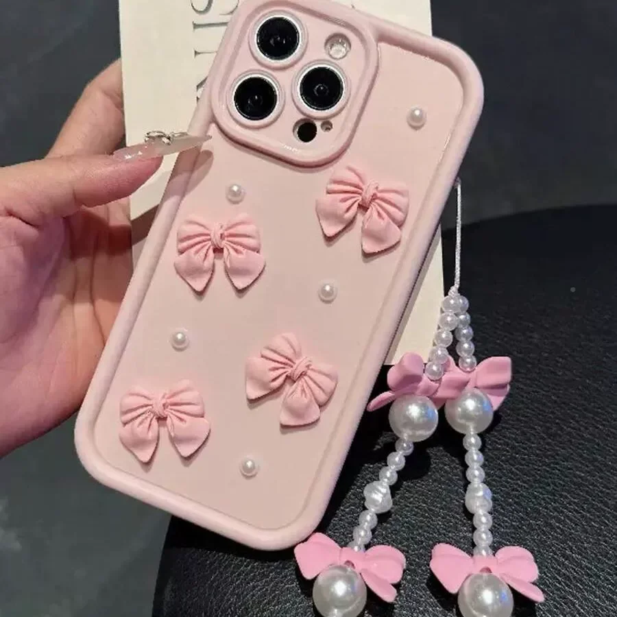 Elegant 3D Bowknot Pearl Silicone Phone Case with Chain