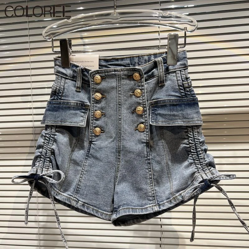 Brand Designers Double Breasted Denim Shorts for Women 2022 Spring Elegant High Waist Short Femme Korean Women Clothing bike shorts women