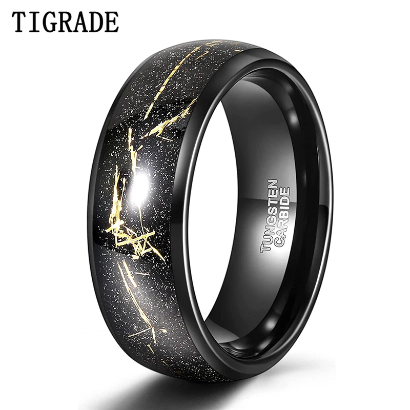 

TIGRADE Tungsten Rings 8mm Mens Wedding Band Black and Gold Foil Fragments Inlay Beveled Edges Comfort Fit Size 6-13