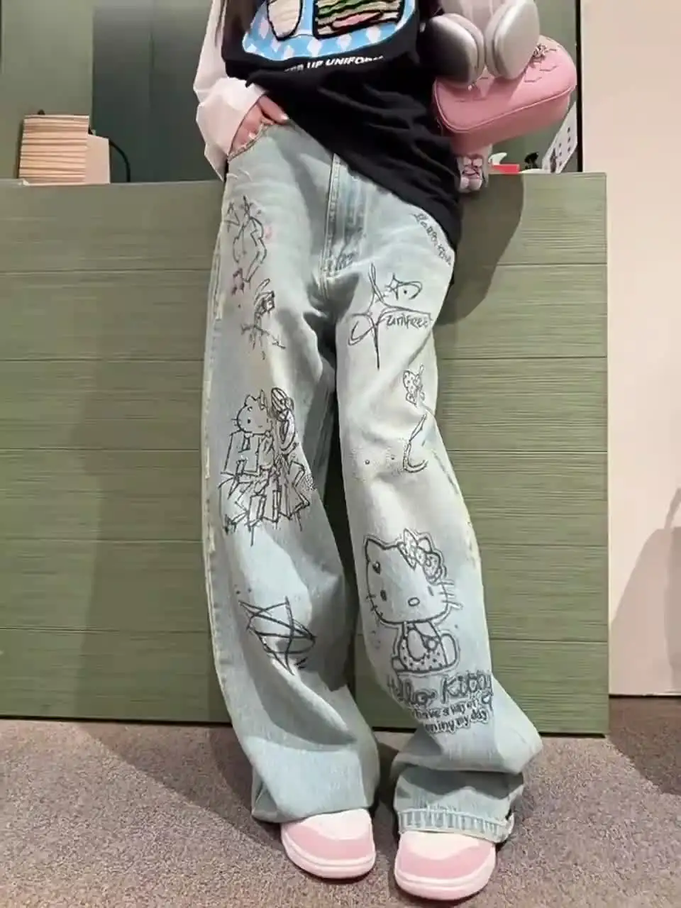 女性のダイヤモンドプリントのストレートチューブデニムパンツ