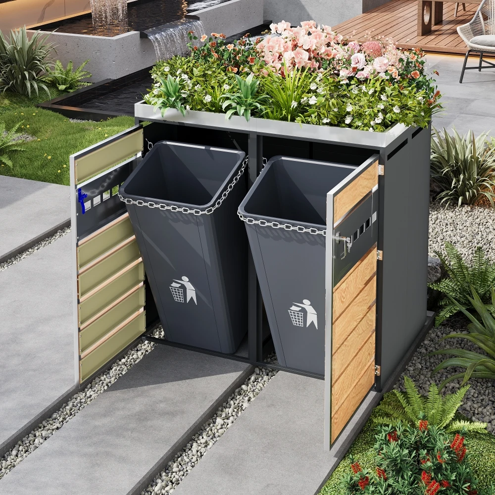 PINGGO Müllaufbewahrungsbox mit abschließbaren Doppeltüren, Pflanzenbereich und Belüftungsfunktion für Haus und Garten – Detail 7