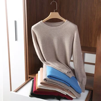 Women Slim O-Neck Pullover Cashmere Wool Blending Sweater Autumn And Winter Long-Sleeved Knit Bottoming Shirt Large Size 2024 1
