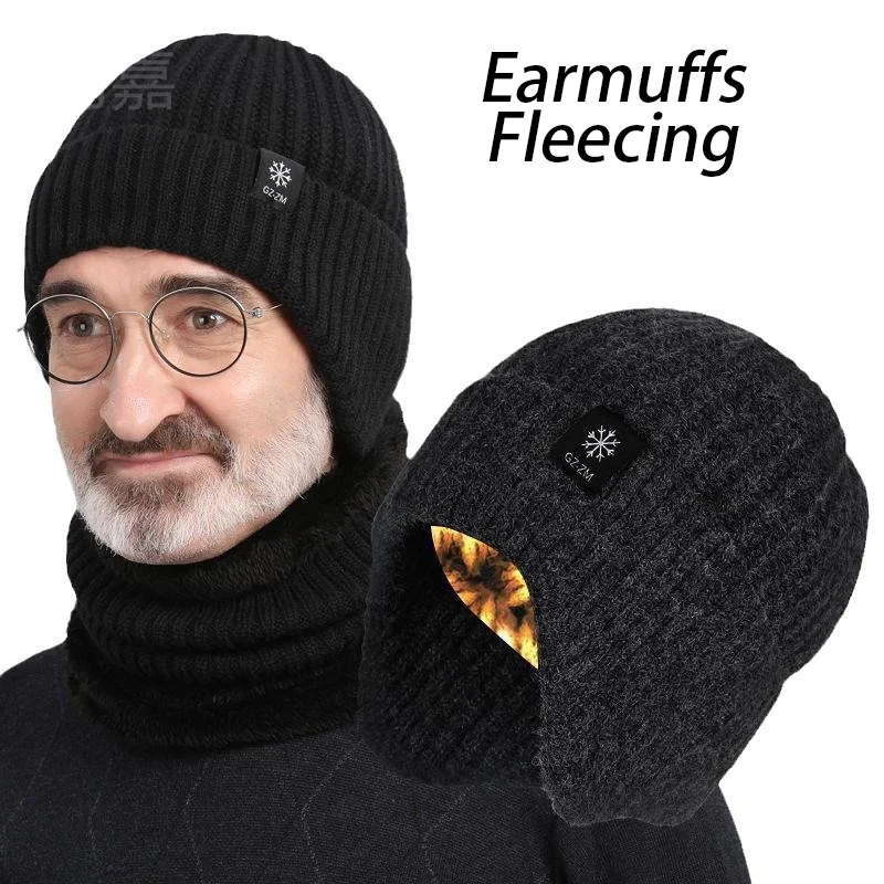 Men's Autumn/Winter Hat+Scarf Winter Warm Ear Protection Set Thick Knitted Wool Breathable Solid Color Hat