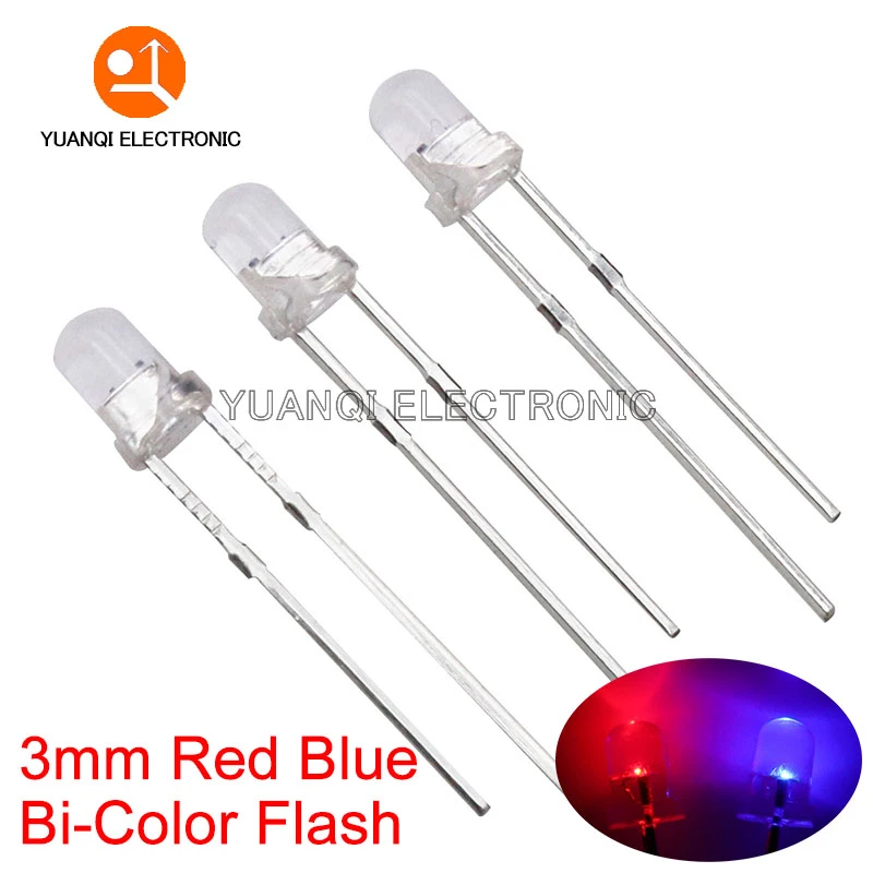 50pcs 3mm Flash Red Blue Bi Color Light Emitting Diode F3 Automatic