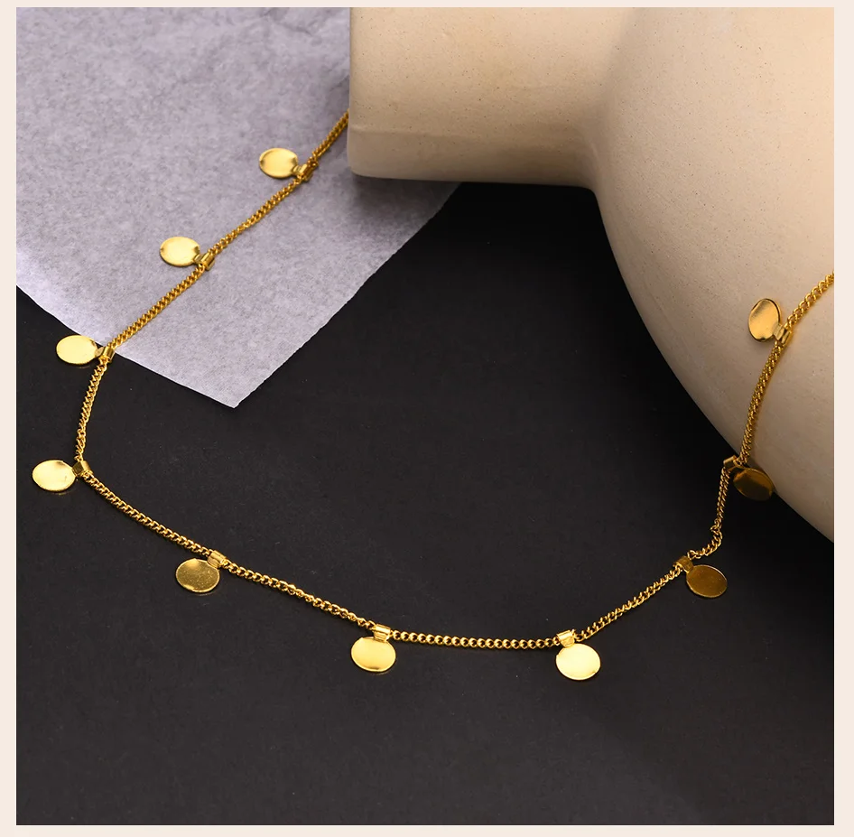Delicate Small Multiple Coins Disc Necklace for Women, Gold Color Stainless Steel Waterproof
