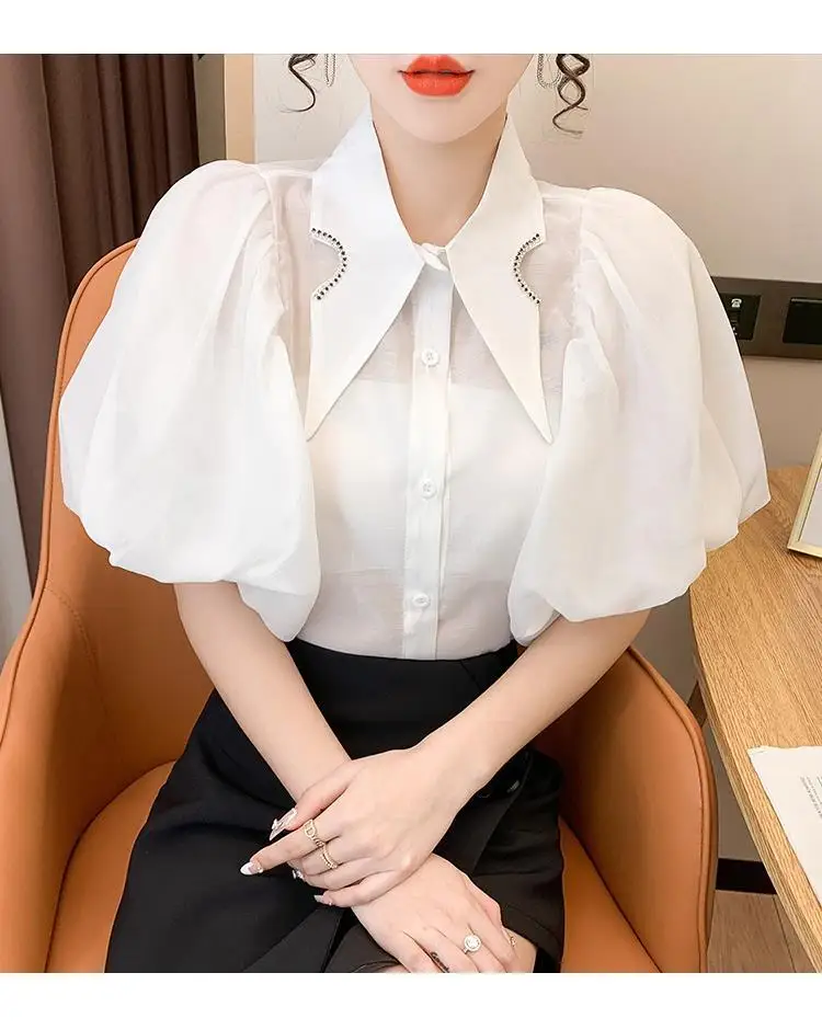 Summer Women's Tops Diamond Point Collar Lantern Short Sleeve White Shirt Korean Fashion Designer Women's Clothing Office