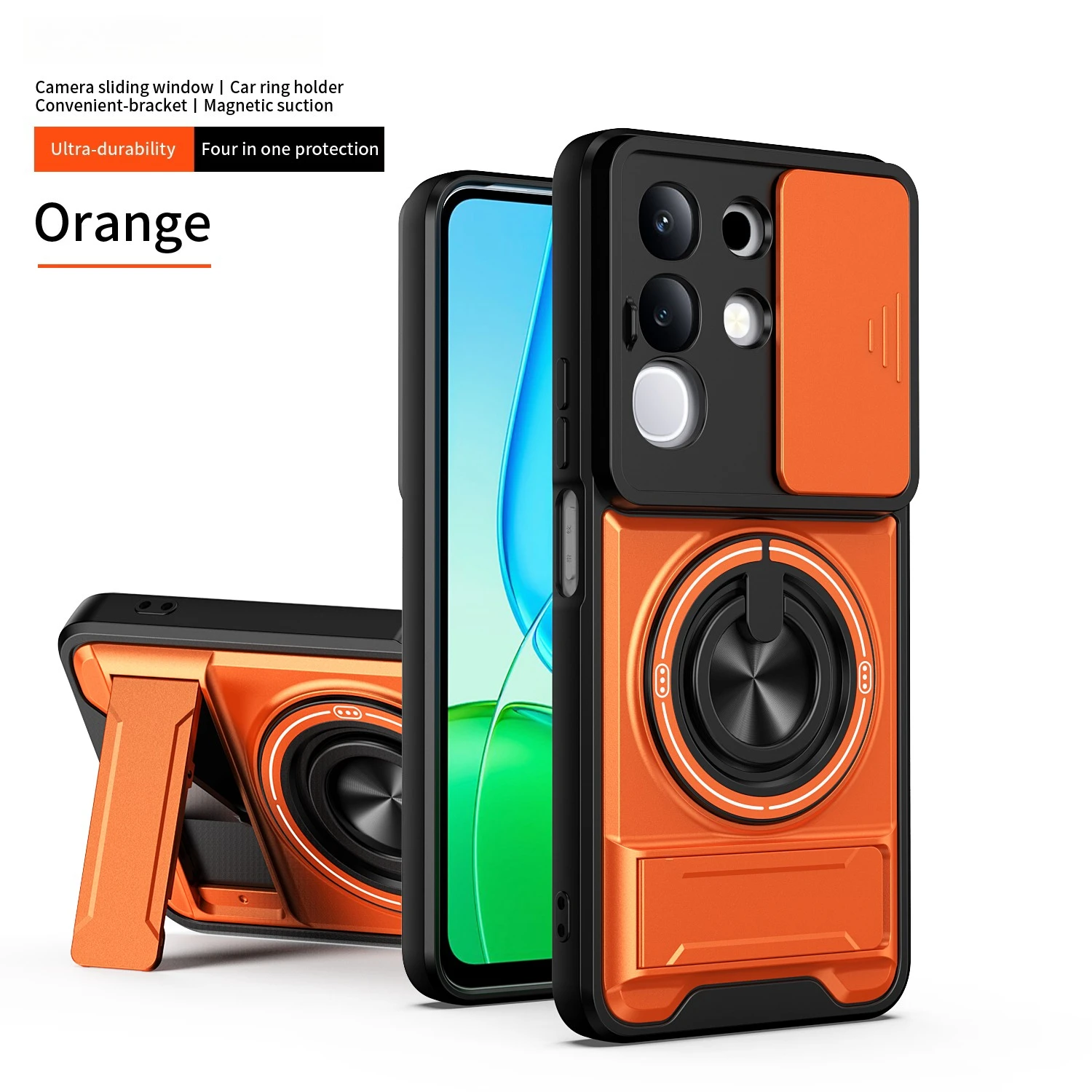 Camera Sliding Cover Phone Case with Double Bracket and Magnetic Ring Protection