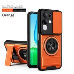 Funda de teléfono con cubierta deslizante para cámara, doble soporte y protección de anillo magnético