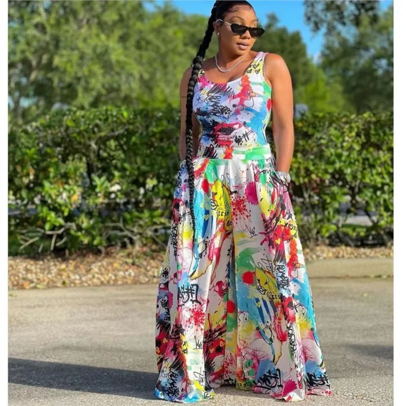 

Summer African Clothes Two Piece Women Set Sleeveless Graffiti Top Fashion Loose Wide Leg Pants Bazin Baggy Pants Famous Suit