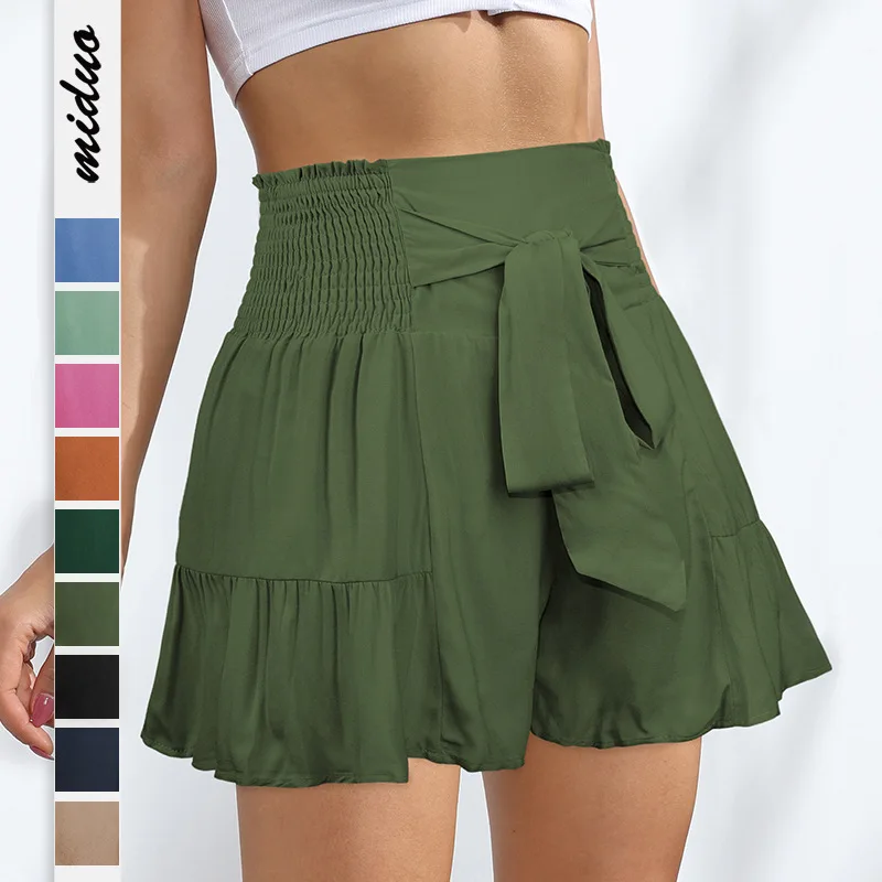 

Summer New High-waisted Bow Tie with Ruffled Edge Fashion Women's Wide Leg Shorts with A Draped Casual Culottes