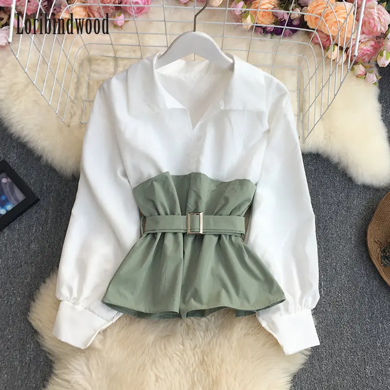 

Summer Lace-up Waist-Controlled Slimming Lapel Short-Sleeved Shirt Women's Plaid Color Contrast Patchwork Versatile Top