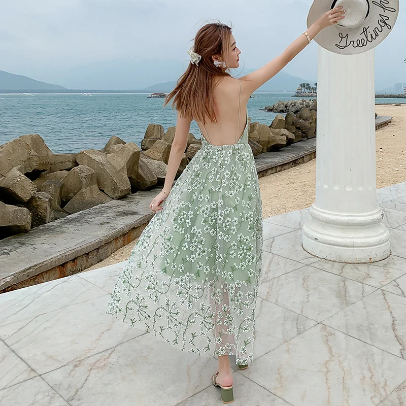 

New Embroidery Mesh backless Summer Maxi Long Dresses 2023 Women's Chic Floral Sexy Slim Vacation Elegant Sundress Runway
