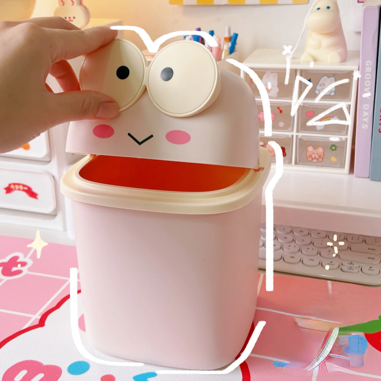 귀여운 기능 데스크탑 플립 쓰레기통 주최자 뚜껑 대용량 쓰레기통 크리 에이 티브 개구리 보관 상자 펜 홀더