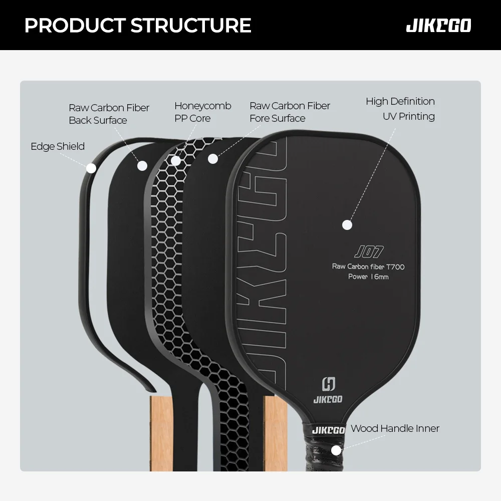 JIKEGO JK003 Raw Carbon Fiber Pickleball Paddle CFS Control Ultra Spin Pickle Balls Racket Cover 16 mm 4.9 inch Grip Standard