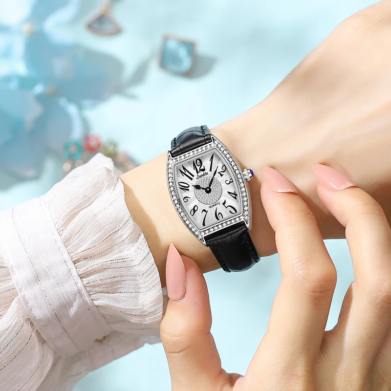SUNKTA Rhinestones Watches Quartz Wristwatches for Wommen Fashion Luxury Watches Leather Band Waterproof Watches reloj mujer Gif