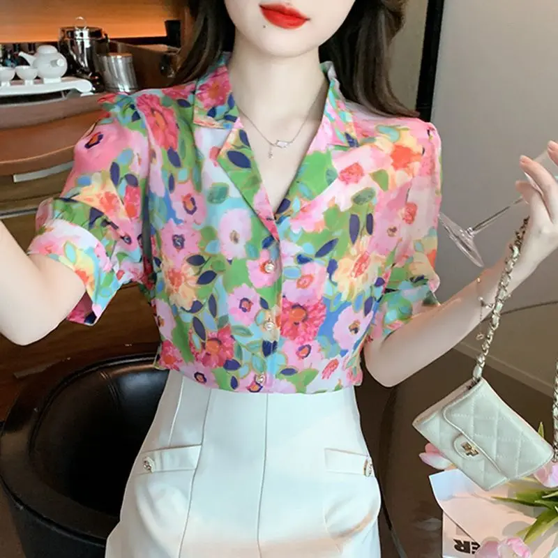 2024 New Summer Oversized High Waist Elegant Fashion Women's Shirt Loose Casual Chiffon Print Button Lapels Short Sleeve Tops