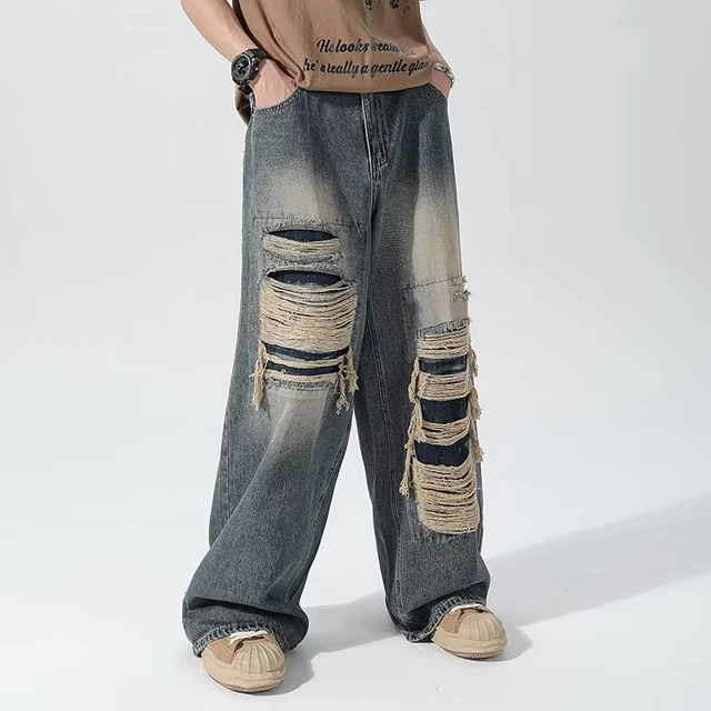 Men Baggy Jeans Wide Leg Denim Pants Hip Hop Vintage Style Loose Trousers  Casual