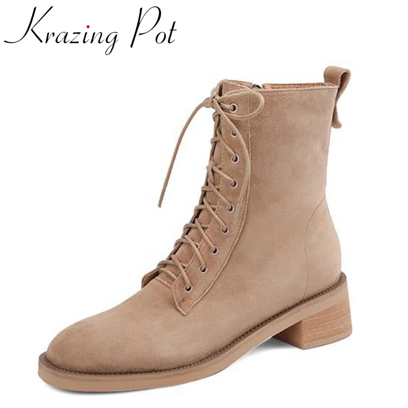 

Krazing Pot New Arrival Flock Round Toe Med Heels Basic Fashion Boots Thick Bottom Rivets Cross-tied Leisure Zipper Ankle Boots