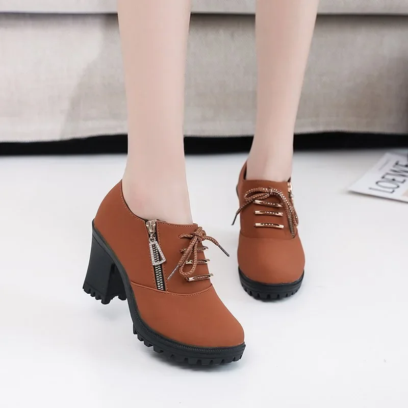 Women's Retro High Heel Ankle Boots New Square Heel Woman High Boots Female Round Toe Side Zipper Platform Short Booties