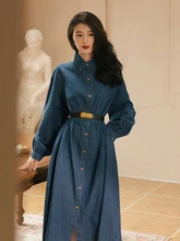

YOSIMI Vintage Blue Denim Women Dress 2022 Spring Turn-down Collar Loose Aline Long Sleeve Ankle-length Party Long Dress Elegant
