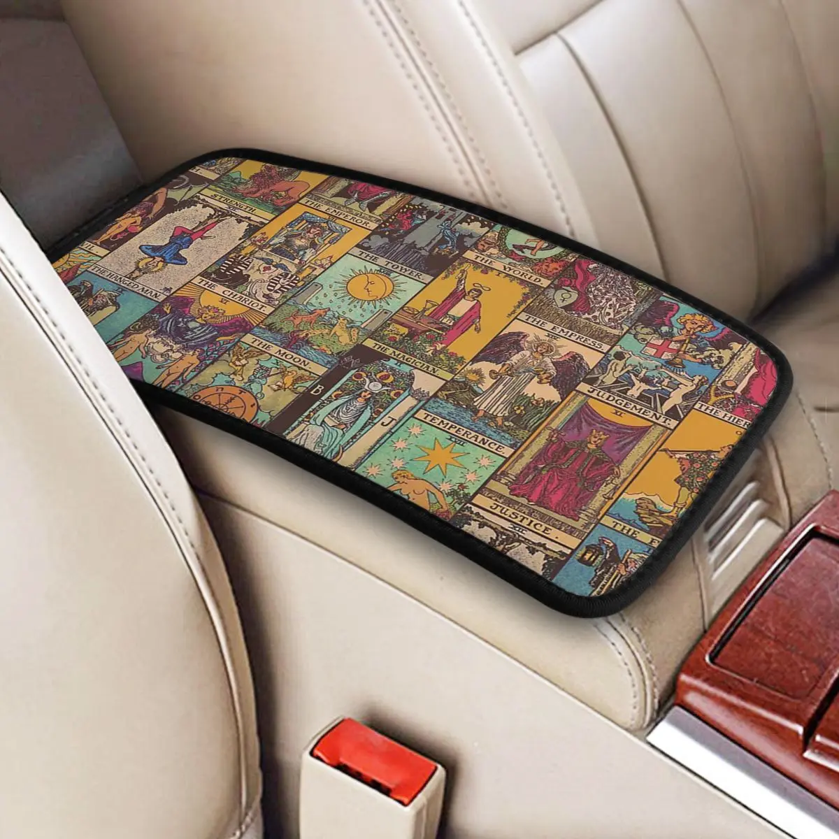 Center Console Cover Pad Universal Car Interior Major Arcana Tarot Car Armrest Cover Mat Boho Mandala Storage Box Cover