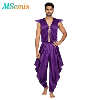 Costume di Halloween da uomo, costume da principe arabo, completo in raso, gilet aperto sul davanti con maniche a volant, canotta e pantaloni harem con elastico in vita