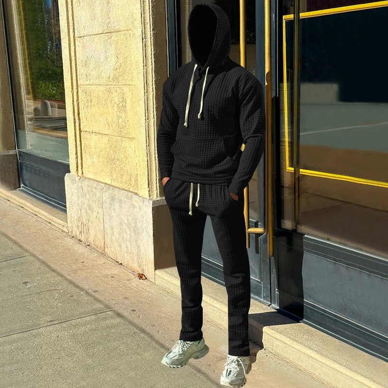 European-style Spring And Autumn Men's Clothing Small Checkered Hoodie Pants Sports And Leisure Two-piece Set Free Shipping