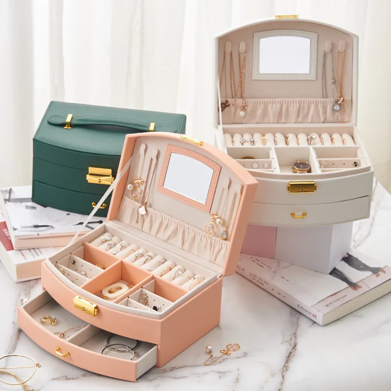 PU Storage Jewelers Case Luxurious S/M/L 3Layers Jewelry Gift Boxes Jewelry Organizer Display Jewelry Box Portable Travel Button