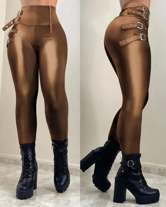 

Y2K Women's Pants Streetwear Metallic Buckled Zipper Design Skinny Pants 2023 Fashion Casual Basic Ladies Trousers Clothes