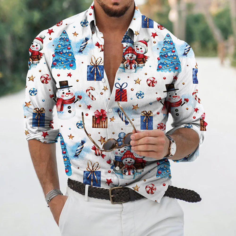 

Men's Christmas Shirts 3d Printed Xmas Long Sleeve Blouse Holiday Party Top Oversized Tee Shirt for Men Clothing Harajuku Camisa