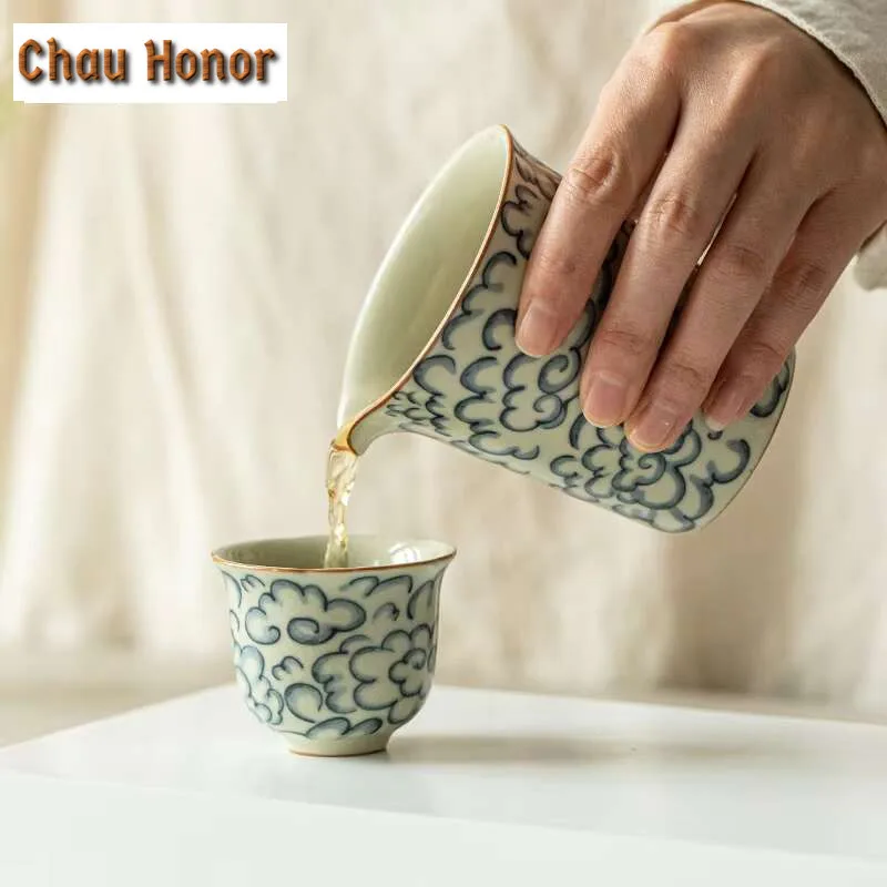 230ml Handamde Ru Kiln Ceramic Tea Pitcher Creative Auspicious Clouds Cha Hai Justice Cup Chinese Tea Set Ornaments Supplies
