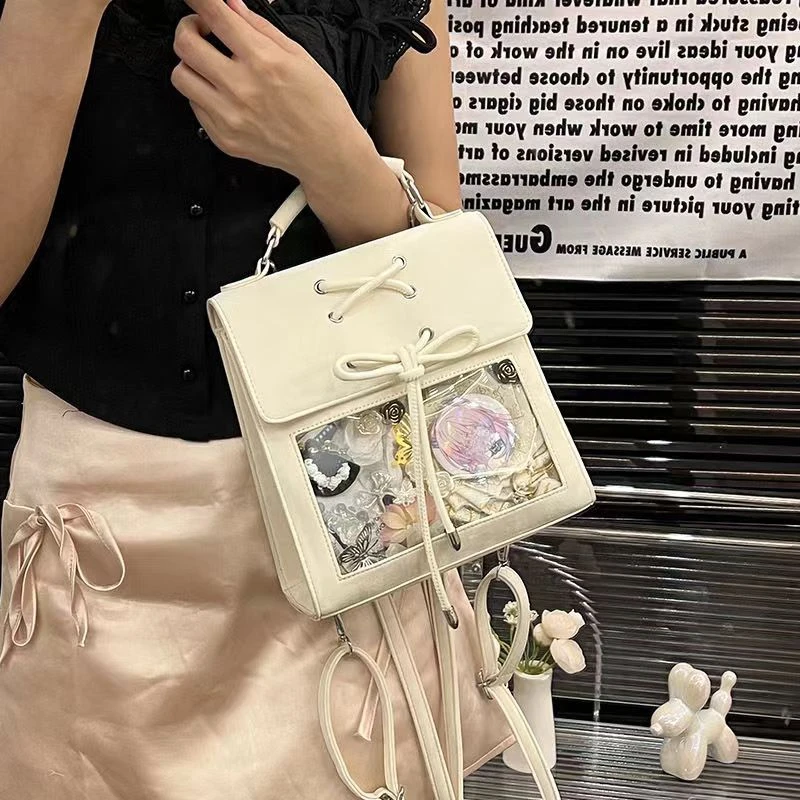 Japanese Women Kawaii Backpacks Sweet Y2k Aesthetic Girls Bow Schoolbags Fashion Preppy Handbags All Match Transparent Ita Bags 2