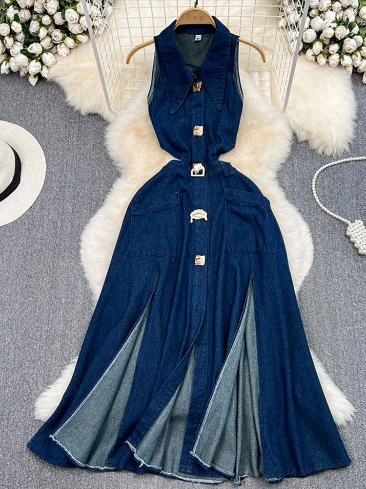 Sexy Denim Women Sleeveless Long Dresses V Neck Split High Waist Female Dress 2024 Summer Lady