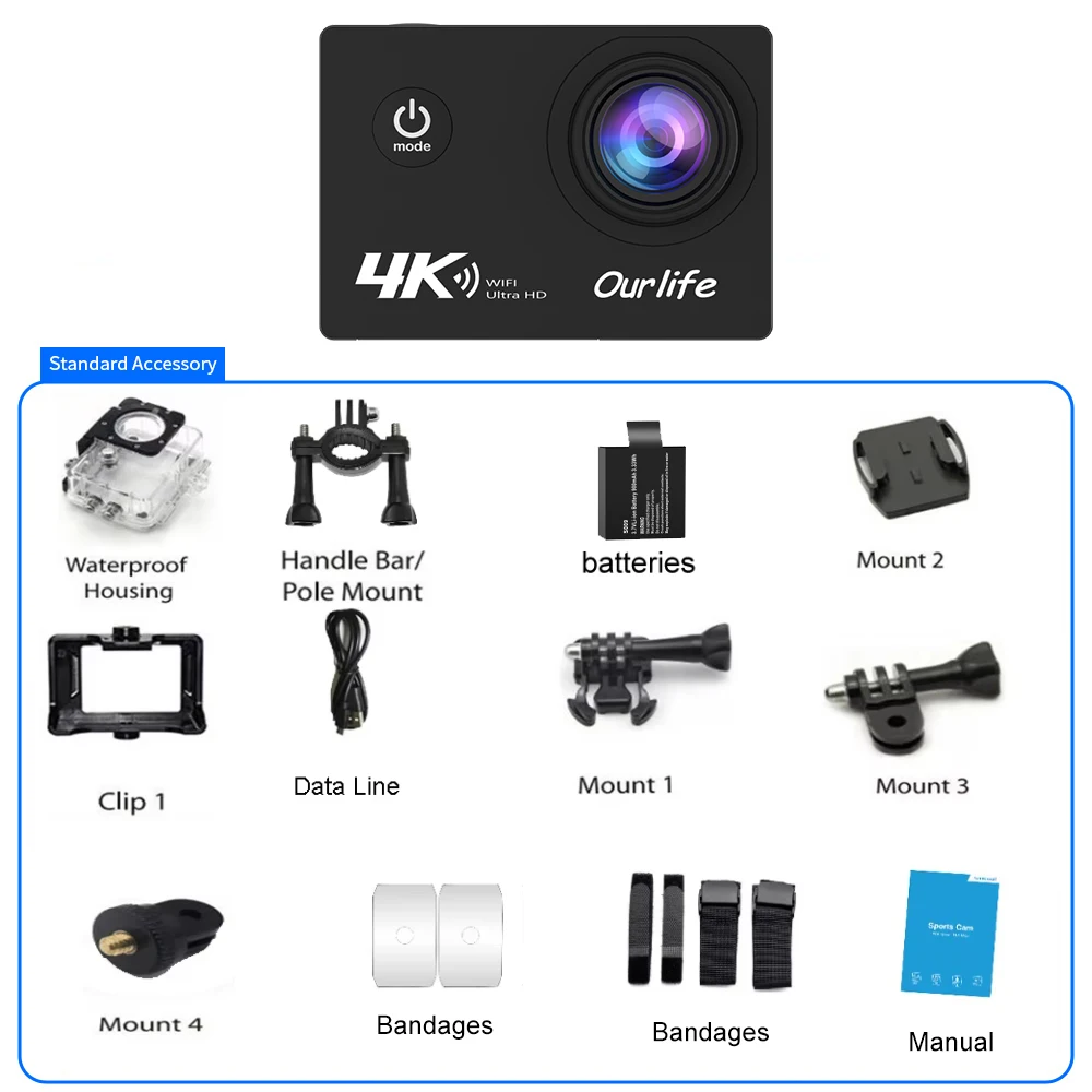 מצלמת פעולה Ourlife 4K Ultra HD 16MP WiFi מסך 2.0 אינץ '170D DVR מצלמת רשת תת-ימית 30M הקלטת וידאו בקסדה מצלמת ספורט