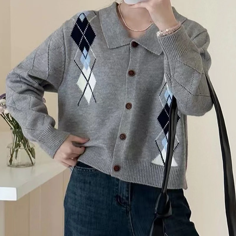 Autumn and Winter Fashion Women's Clothing New Women's Cardigan Rhombus Long-sleeved Sweater Lapel Single-breasted Knitwear Top