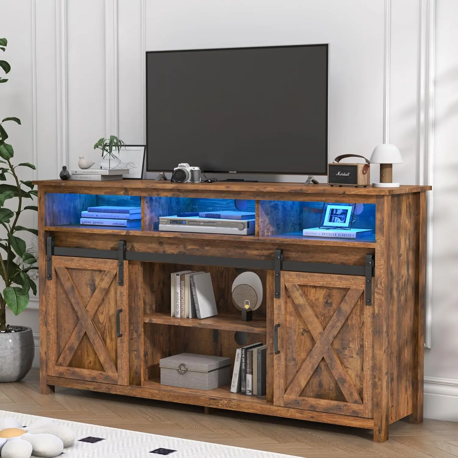 Farmhouse Coffee Bar Cabinet with Power Outlet, Rustic Sideboard Buffet Storage Cabinet with Storage