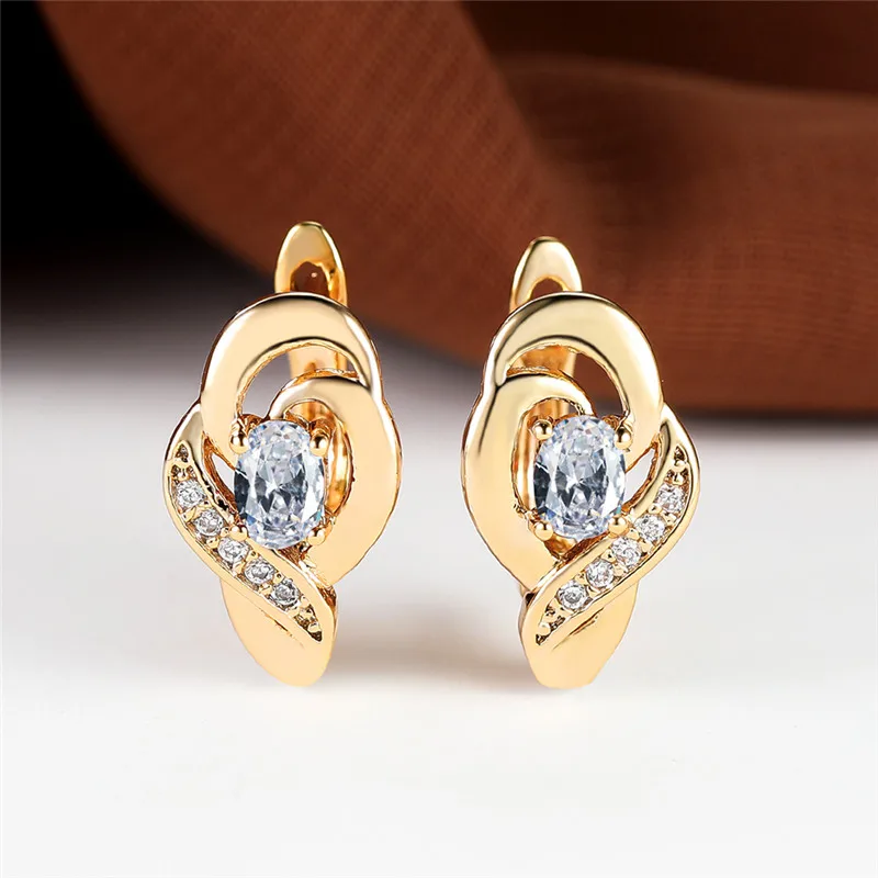 Elegant Pink Crystal Oval Stone Earrings Rainbow Zircon Hoop Earrings Trendy Gold Color Wedding Earrings For Women Party Jewelry