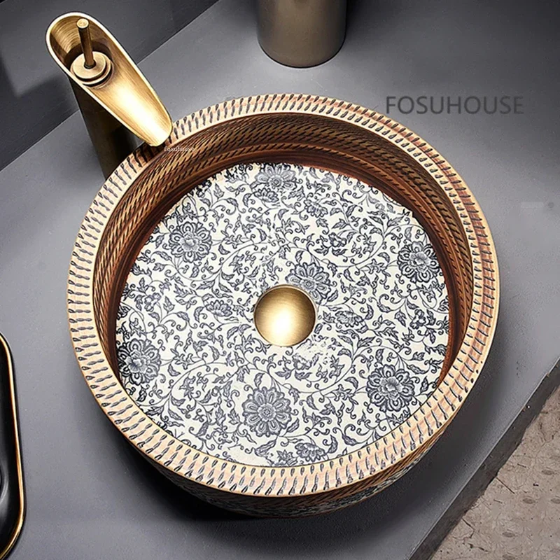 Designer Retro Ceramic Bathroom Sink Art Bathroom Fixture Household Balcony Sink Round Blue and White Porcelain Countertop Sink 4