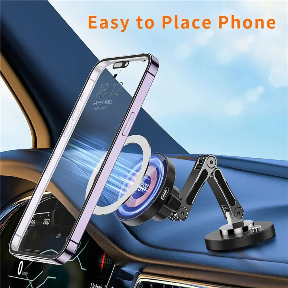 Magnetic Car Phone Holder Mount Wireless Charger Fast Charging Rotation Magnetic Car Phone Stand for IPhone 16 15 14 13 Samsung