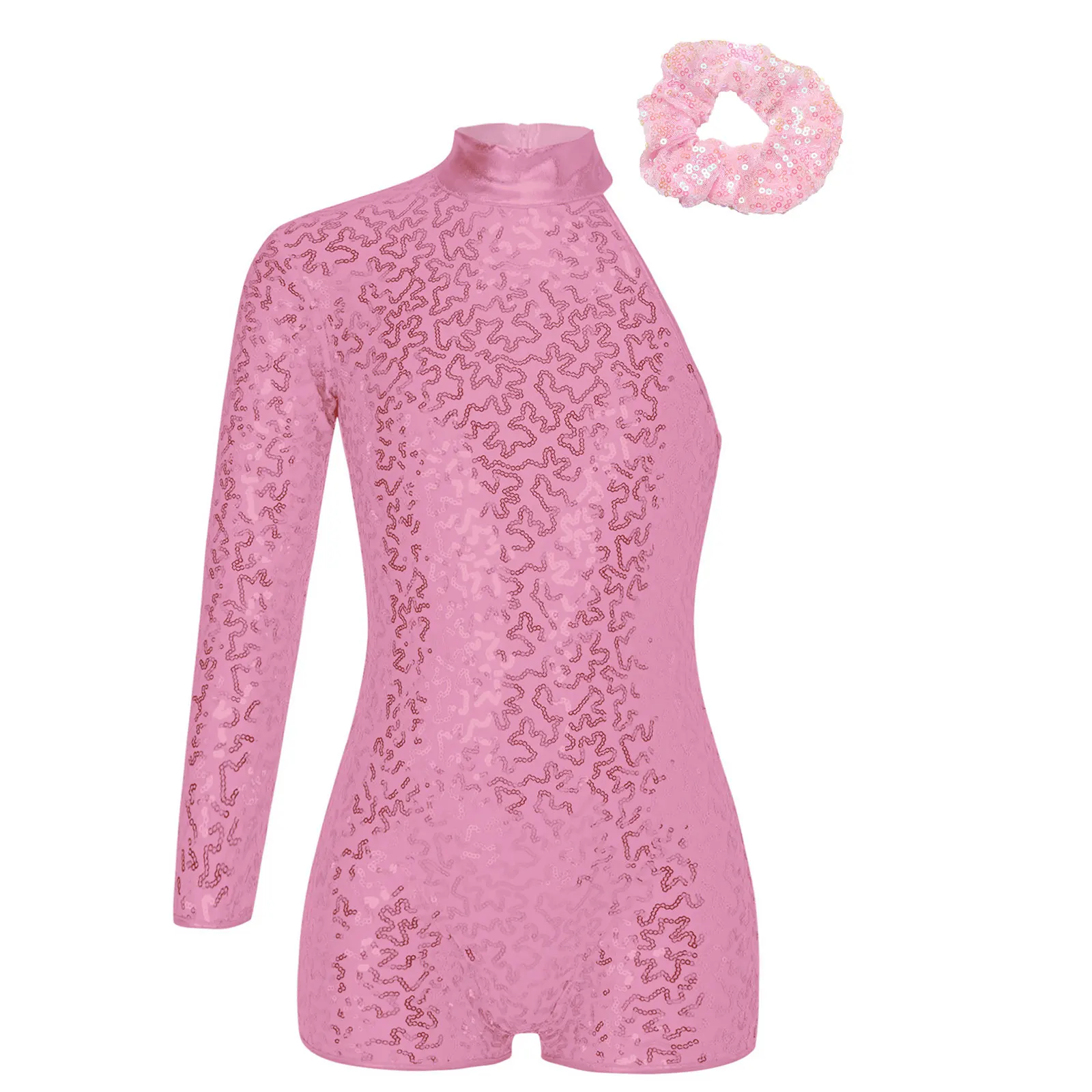 TiaoBug Kids Girls Jazz Dance Bobysuit Leotard Outfit One Shoulder Long Sleeve Shiny Invisible Zipper Back with Sequins Hair Tie