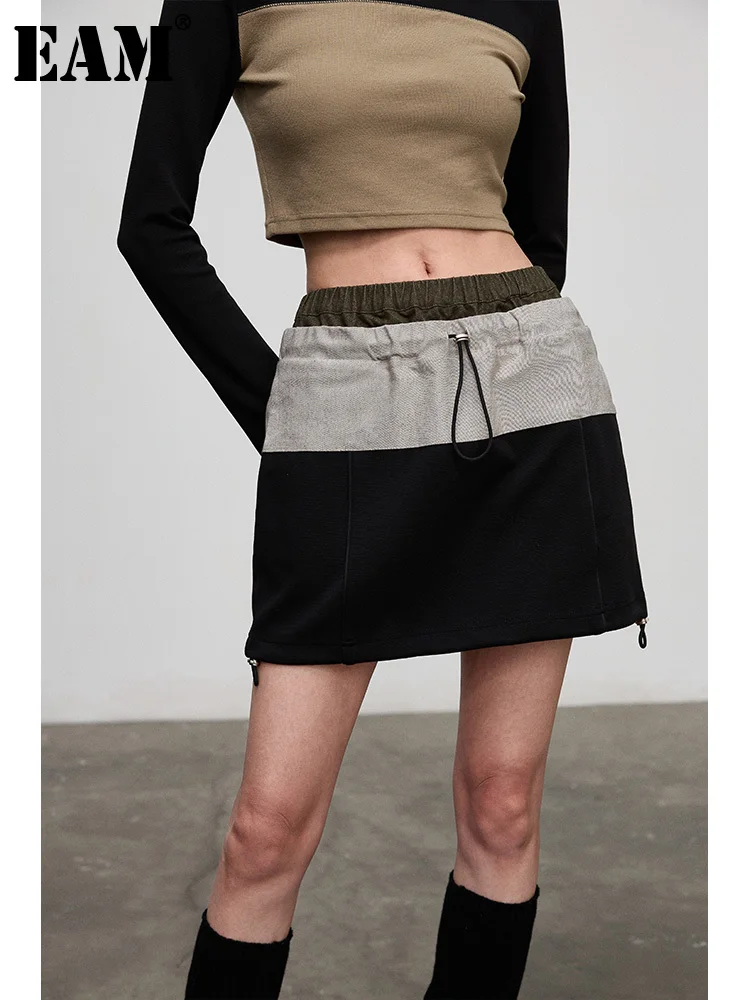 

[EAM] High Elastic Waist Black Color-block Drawstring Mini Half-body Skirt Women Fashion Tide New Spring Autumn 2024 1DH4731