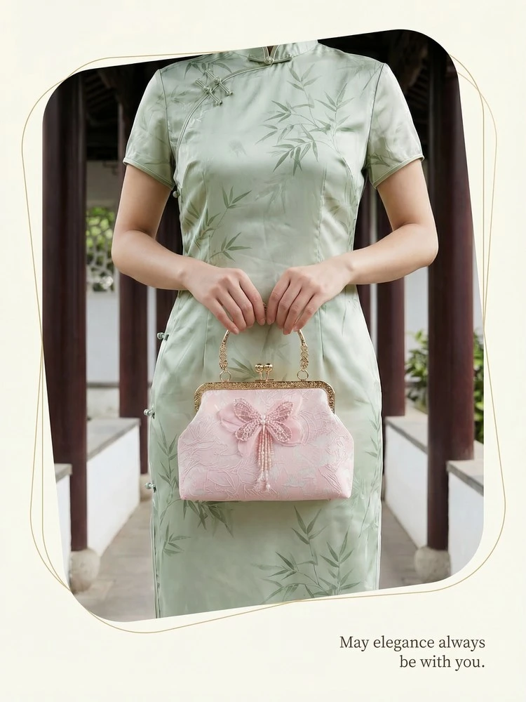 Chinese Style Butterfly Embroidery Clutch Vintage Lace Kiss Lock Handbag Elegant Evening Bag with Gold Chain for Women