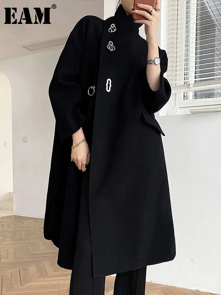 

[EAM] Loose Fit Black button Thick Woolen Coat Parkas New Suit Collar Long Sleeve Women Fashion Tide Autumn Winter 2024 1DD3048
