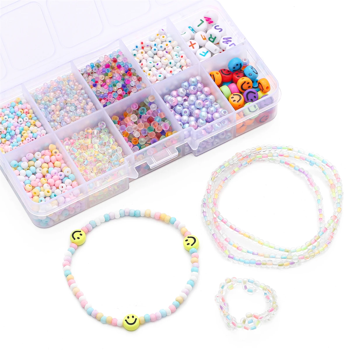 Premium 10-Fach Frostglas-Perlen Set - Farbige Reis- & Buchstabenperlen für DIY Schmuck Armbandketten/Halsketten – Detail 7