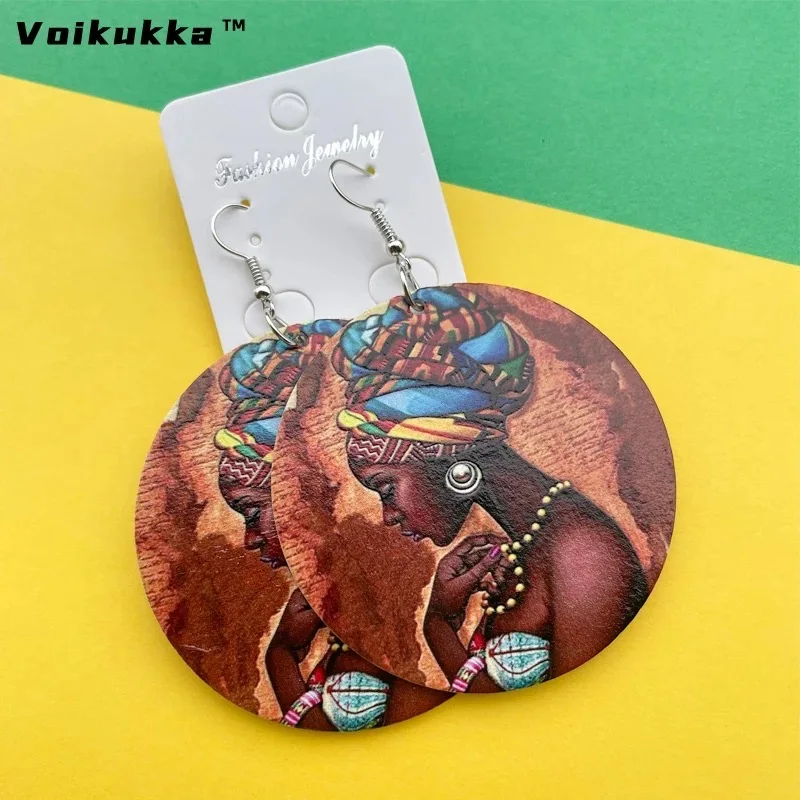 Voikukka Jewelry African Woman Pattern With Hijab Wooden Both Sides Print 6 CM Pendant Drop Earrings Wholesale 3