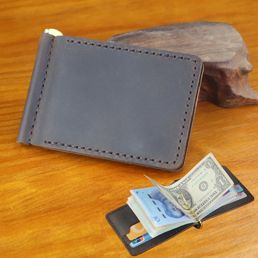 Handmade Crazy Horse Genuine Leather Money Clips Men Bifold Wallet Small Purse