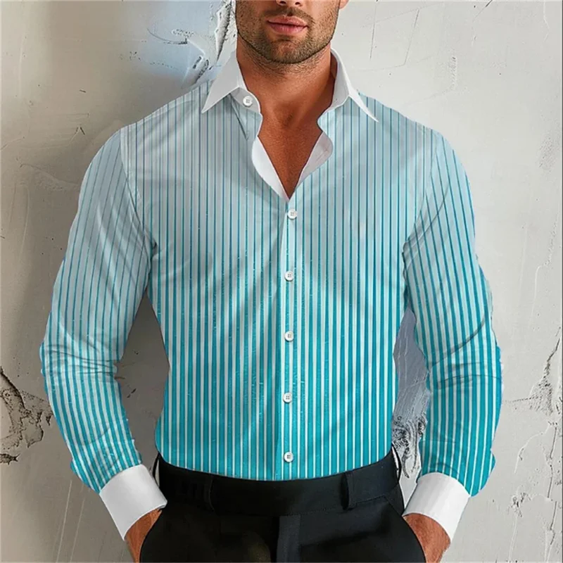 thumbnail image 1 of Camisa de hombre con degradado de rayas 2024, camisa de manga larga con solapa, talla extragrande, diseño S-5XL, cómoda, suave, de alta calidad para hombre, 1 of 5