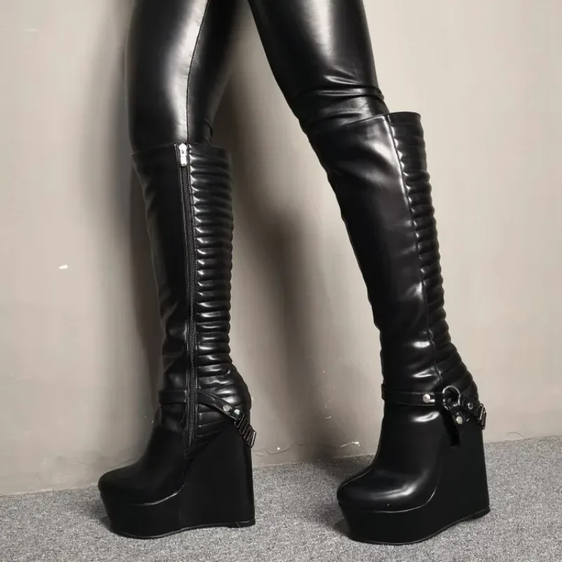 

2024 New Women Knee High Boots Sexy Wedges High Heels Boots Nice Round Toe Gorgeous Black Party Shoes Women Plus US Size 5-15